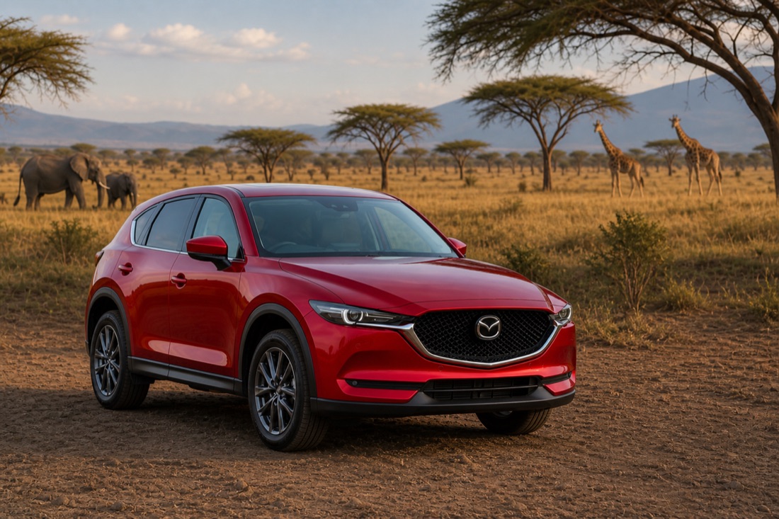 Red Mazda CX-5 with Kenyan wildlife safari background