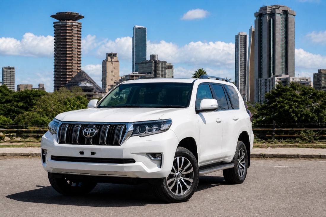 Toyota Land Cruiser Prado with Nairobi city skyline